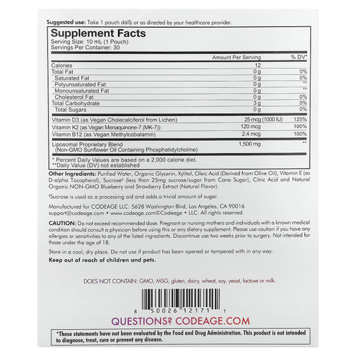 Codeage, Nanofood, липосомальные витамины D3 + K2 + B12, ягодное ассорти, 30 пакетиков по 10 мл (0,3 жидк. унц.)