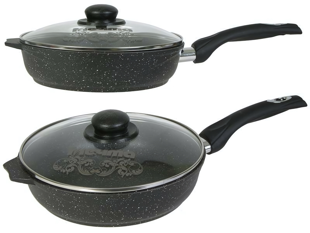 Сковорода 28см Гранит black с несъемной ручкой и стеклянной крышкой