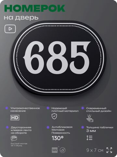 Номерок на дверь квартиры 685, для кабинета, офиса, шильдик 9 х 7 см, черный, Айдентика Технолоджи