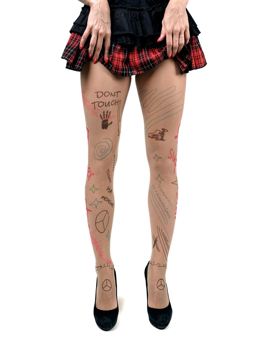 Молодёжные колготки с цветными почеркушками (Размер: S-M-L) (Цвет: бежевый)