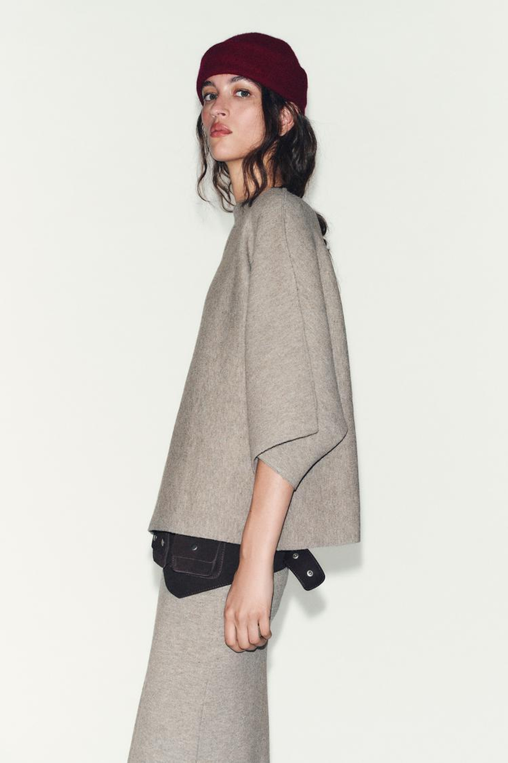 ZARA ВЯЗАНЫЙ ДЖЕМПЕР С ВОРОТНИКОМ НА ЛАЦКАНАХ, ПЕСОЧНЫЙ МЕЛАНЖ