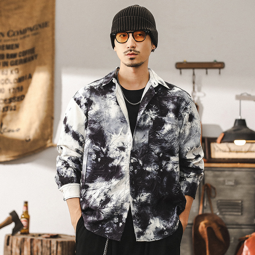 Рубашка с длинными рукавами мужская весна  премиум-класса с чернильным принтом.