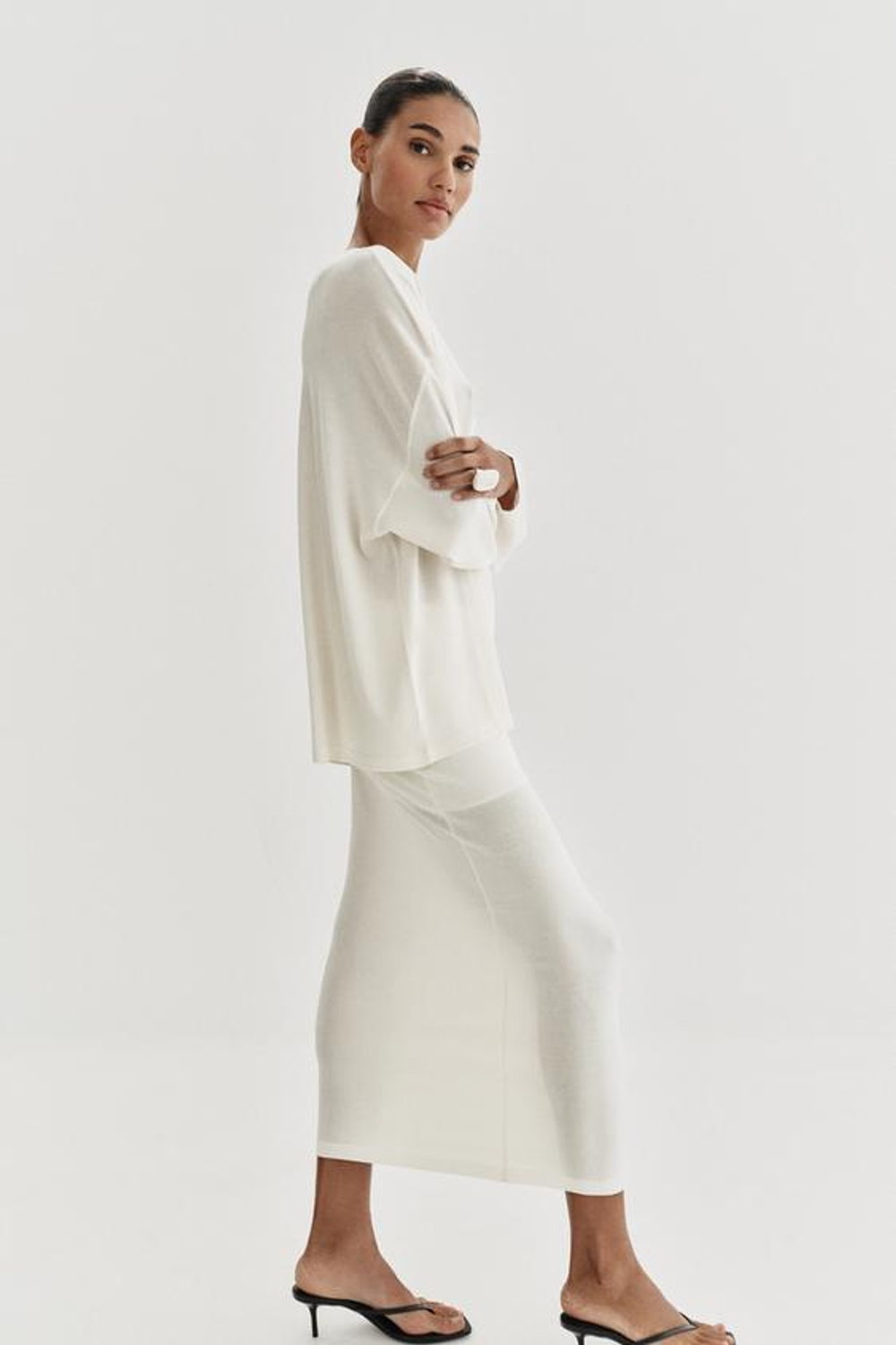 ZARA ЮБКА МИДИ ИЗ ТОНКОГО ТРИКОТАЖА, БЕЛЫЙ