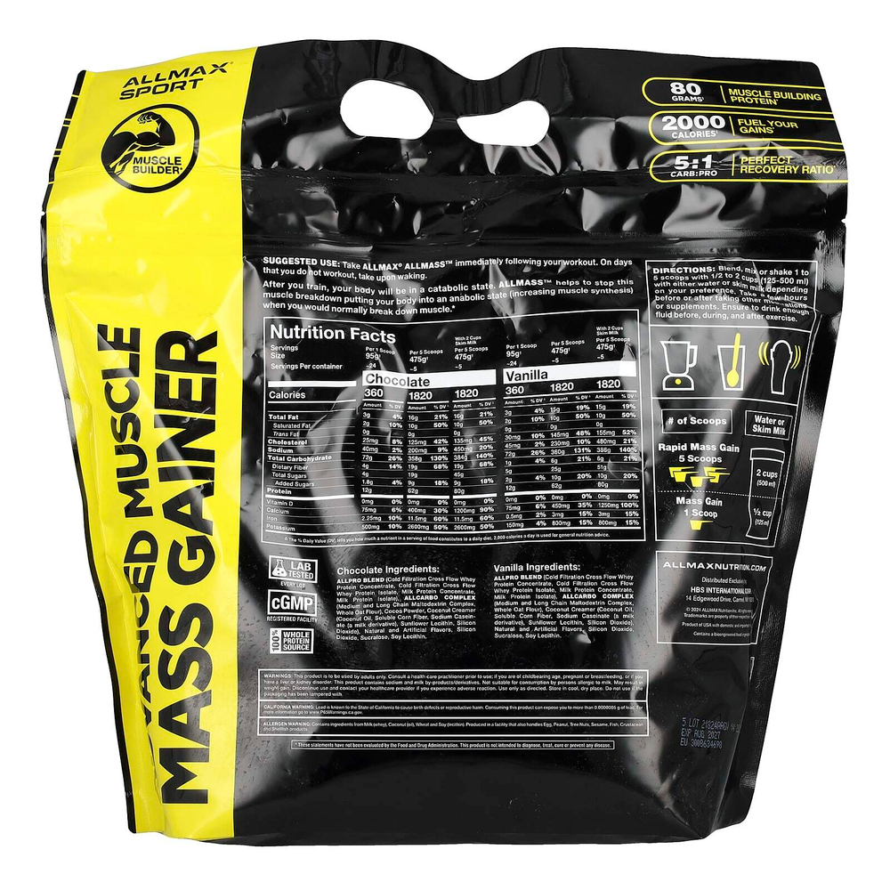 ALLMAX, Sport, ALLMASS ™, средство для наращивания мышечной массы, ваниль, 2,27 кг (5 фунтов)