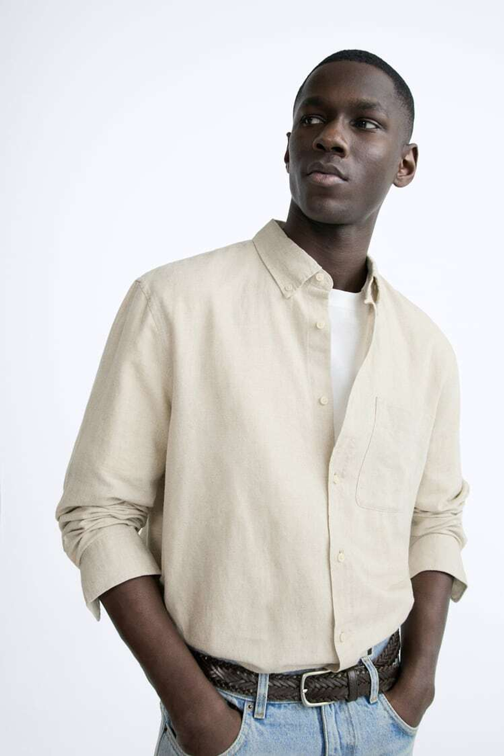 ZARA РУБАШКА ИЗ СМЕСОВОГО ЛЬНА, СВЕТЛО-БЕЖЕВЫЙ