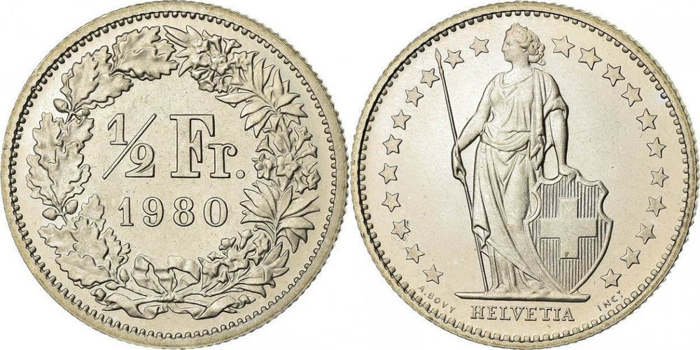 Швейцария 1/2 франка, 1968-2025 Герб XF