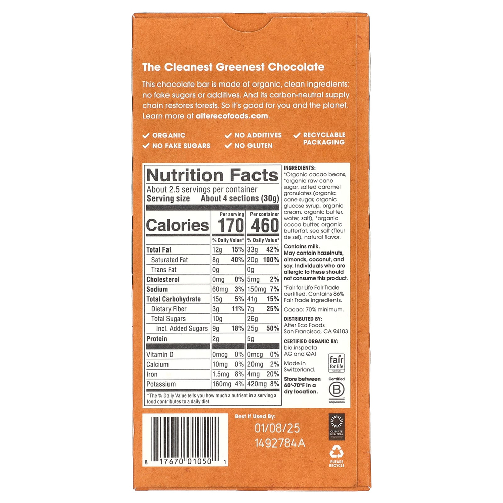 Alter Eco, органический черный шоколад, жженая карамель, 70% какао, 80 г (2,82 унции)