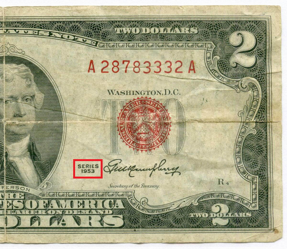 Банкнота США 2 доллара 1953 A 28783332 A. VG (надпись)