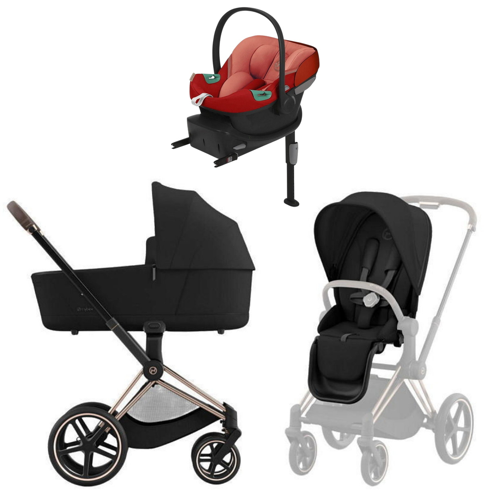 Коляска Cybex Priam IV Rosegold complete Aton S2 Hibiscus Red Base One 4 в 1 Sepia Black