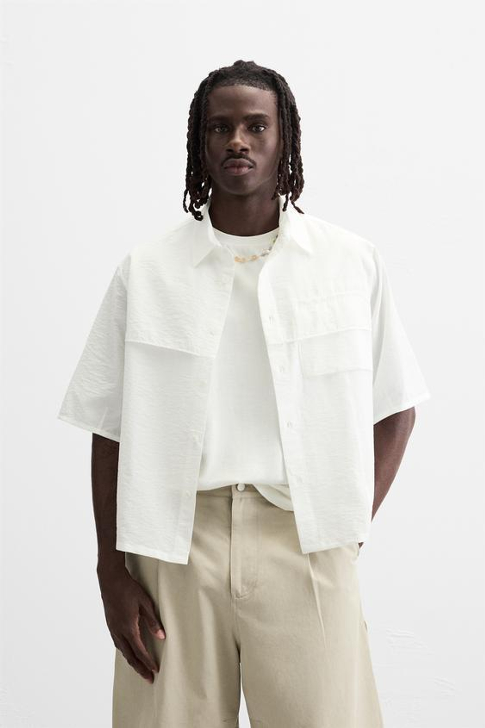 ZARA РУБАШКА ИЗ ЖАТОЙ ТКАНИ, ЖЕЛТОВАТО-БЕЛЫЙ