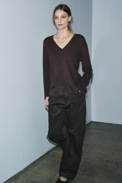 ZARA КОМБИНИРОВАННАЯ ФУТБОЛКА С КРУЖЕВОМ, КОРИЧНЕВЫЙ