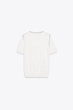 ZARA ТРИКОТАЖНЫЙ ТОП С КОРОТКИМИ РУКАВАМИ И ОКАНТОВКОЙ, БЕЛЫЙ/МОРСКОЙ СИНИЙ