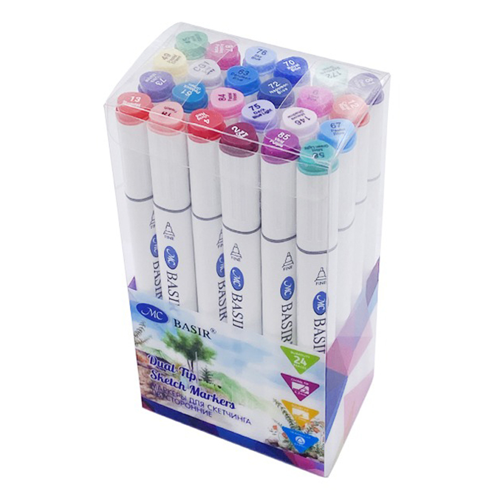 Маркер для скетчинга, двусторонние, Basir, серия "Спокойные тона", трёхгранные, 14 мм, спиртовые, 24 шт