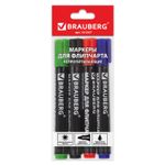 Маркеры для флипчарта BRAUBERG, НАБОР 4 шт., НЕПРОПИТЫВАЮЩИЕ, АССОРТИ, круглые, 2,5 мм, 151257