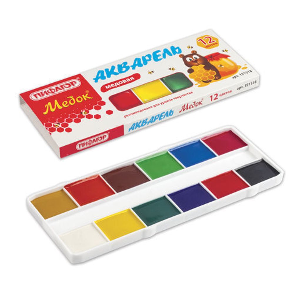 Краски акварельные ПИФАГОР "МЕДОК" 12 цветов, медовые, без кисти, картонная коробка, 191518