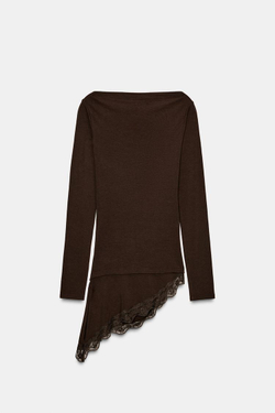 ZARA ФУТБОЛКА С АСИММЕТРИЧНЫМ НИЗОМ И КРУЖЕВОМ, ШОКОЛАДНЫЙ