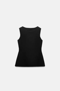 ZARA ОДНОТОННЫЙ ТРИКОТАЖНЫЙ ЖИЛЕТ С ЗОЛОТИСТЫМИ ПУГОВИЦАМИ, ЧЕРНЫЙ