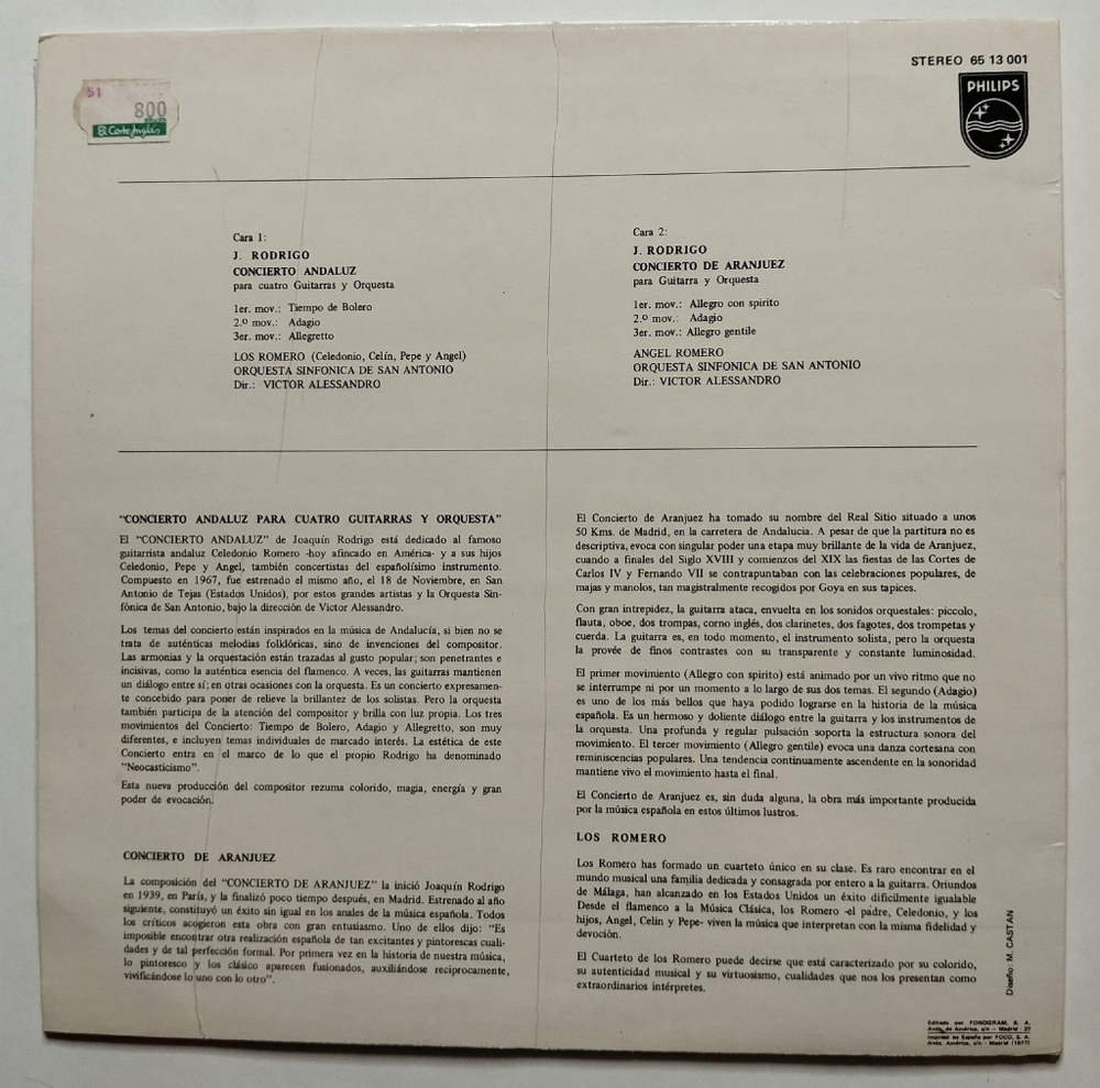 Винтажная виниловая пластинка LP J. Rodrigo, Los Romero, Concierto Andaluz Concierto De Aranjuez (Spain 1970)