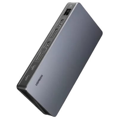 USB-Хаб Ugreen Revodok Pro 209 (USB-C) с внешним питанием (CM615) Порты: USB-C (PD 100 Вт), 2 USB-A 3.2 Gen 2, 2 HDMI (до 4K 60 Гц), 2 DisplayPort (до 4K 60 Гц), Gigabit Ethernet