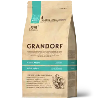Сухой низкозерновой корм GRANDORF CAT 4 Meat PROBIOTIC INDOOR Четыре вида мяса для домашних кошек 0,4кг