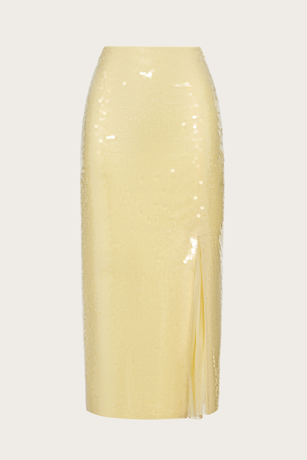 ЮБКА-МИДИ ИЗ ЖЕЛТОГО ШИФОНА, РАСШИТАЯ ПАЙЕТКАМИ ВРУЧНУЮ