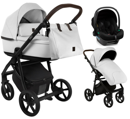 Детская коляска Roan Esso 2025 Кожа 3 в 1 с автокреслом Tutis Elo Lux Black ESSK/215/1 White/Black/руч.Тем.коричневый