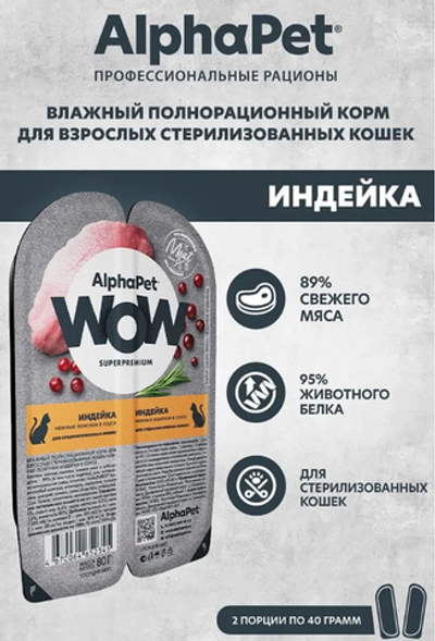 Влажный полнорационный корм для кошек AlphaPet WOW (АльфаПет) индейка ломтики в соусе для стерилизованных кошек, 80гр. В комплекте 15 шт