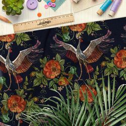 Ткань бифлекс горделивый журавль и красные цветы