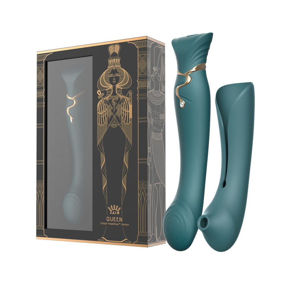 Зелёный вибростимулятор с пульсацией, вакуумной стимуляцией и функцией нагрева Zalo Queen G-spot PulseWave Vibrator with Suction Sleeve Jewel Green