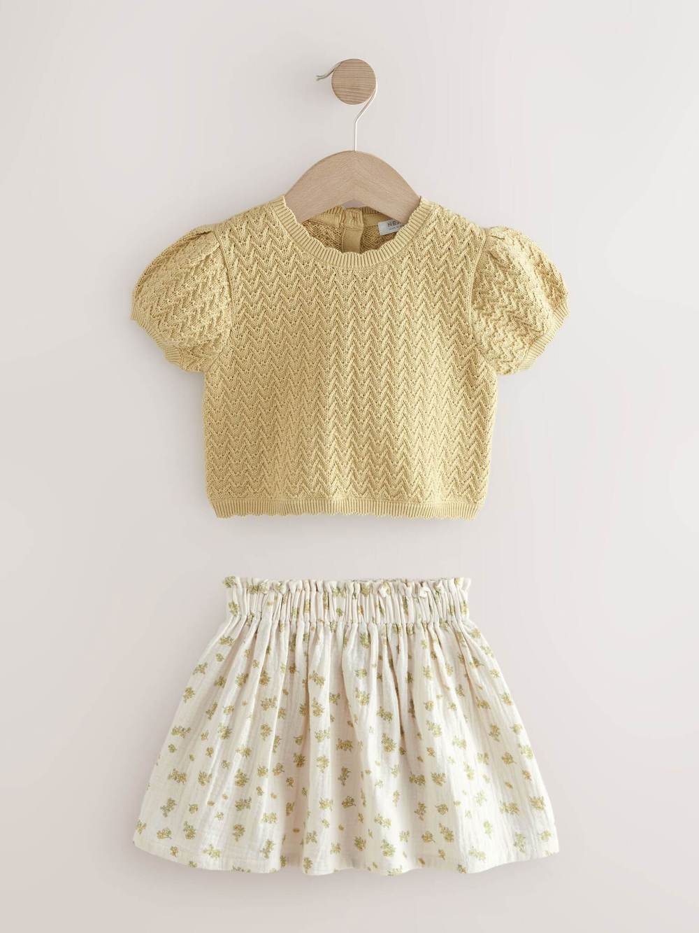 Свитер с коротким рукавом и юбка в комплекте для девочки Next E25-146, Белый, Светло-желтый