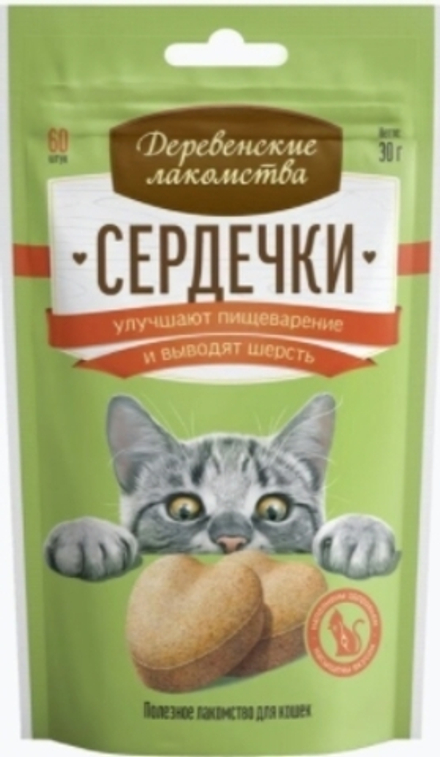 Лакомства для кошек Деревенские лакомства 30г Сердечки улучшает пищеварение и выводят шерсть