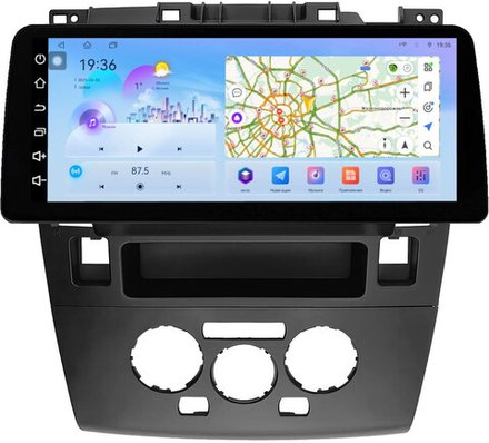 Магнитола для Nissan Tiida C11 2004-2013 (климат с круглым экранчиком, рамка черная) - FarCar монитор 12.3" 2K QLED на Android 14, TS10, CarPlay, 4G SIM-слот