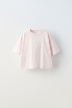 ZARA ФУТБОЛКА С ЦВЕТОЧНОЙ ВЫШИВКОЙ И НАДПИСЬЮ, РОЗОВЫЙ