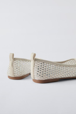 ZARA БАЛЕТКИ СО СТРАЗАМИ, КРЕМОВЫЙ