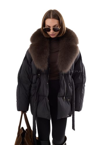 Пуховик-летучая мышь черного цвета с мехом шоколадным мехом