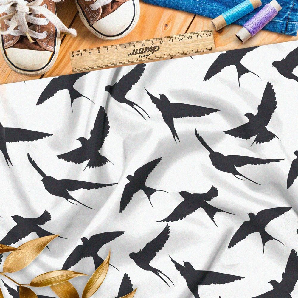 Ткань премиум дюспо темные ласточки на белом
