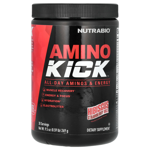 NutraBio, Amino Kick, аминокислота с гибискусом и клубникой, 269 г (0,59 фунта)