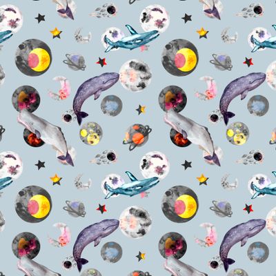 акварельный космический паттерн с планетами и китами, детский принт