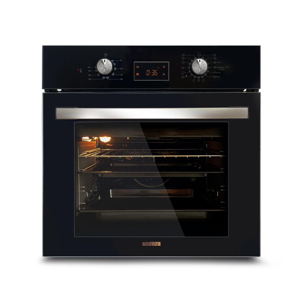 Электрический духовой шкаф встраиваемый GINZZU HOE-215 61л, 13 программ, черный с каталитической очисткой и дисплеем, конвекция, гриль