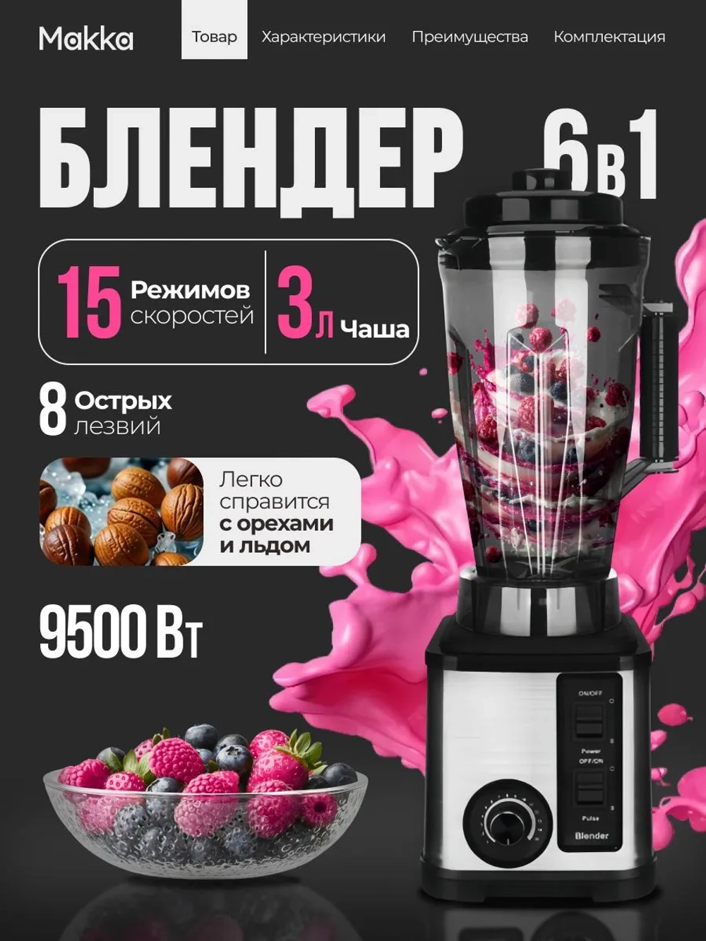Кухонный блендер стационарный мощный 6 в 1, 9500ВТ