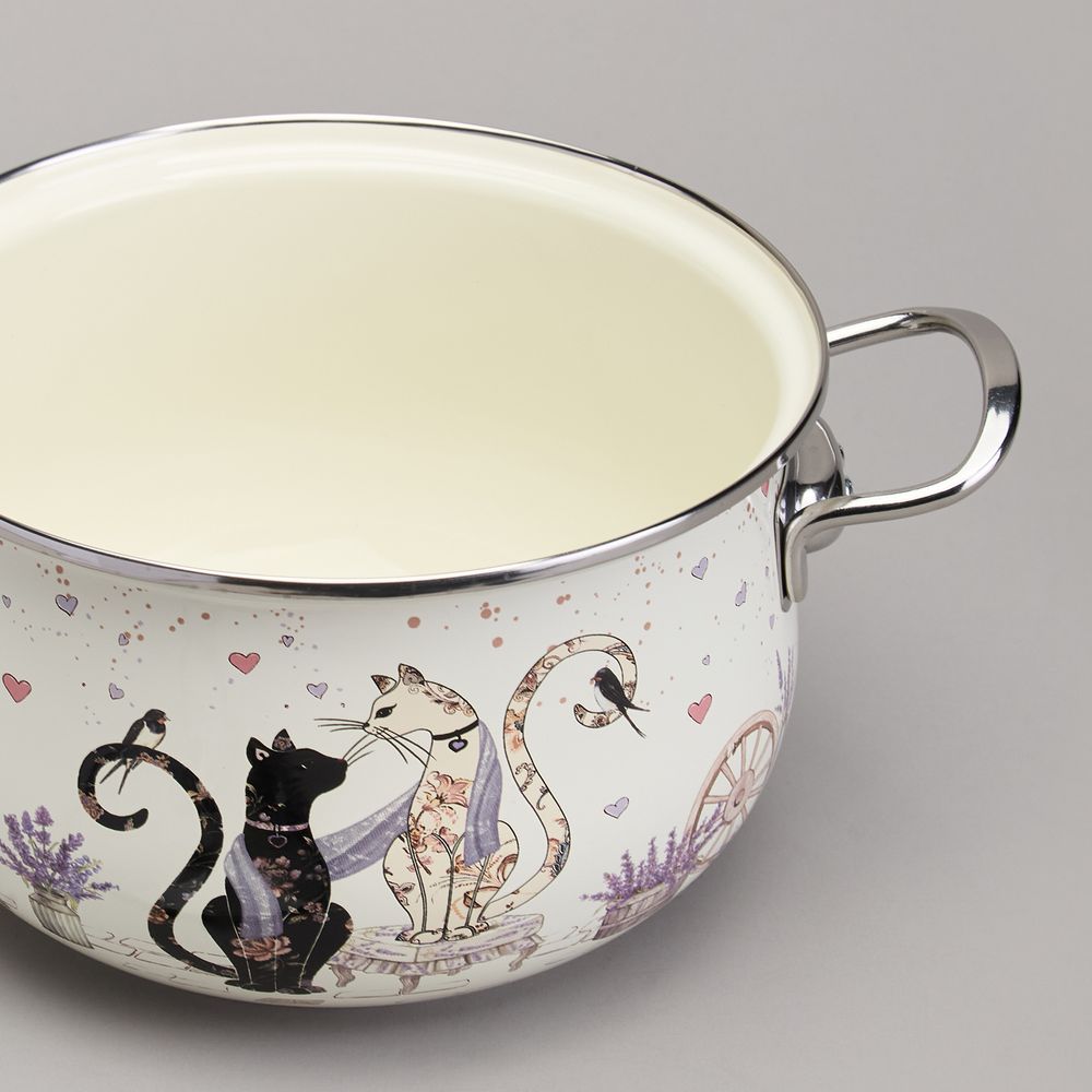 КАСТРЮЛЯ AGNESS ЭМАЛИРОВАННАЯ СО СТЕКЛЯННОЙ КРЫШКОЙ СЕРИЯ "LAVENDER CATS", 3,8 Л ДИА. 22СМ