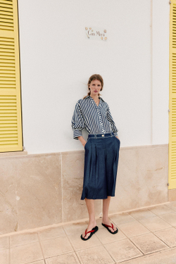 ZARA РУБАШКА ИЗ СМЕСОВОГО ЛЬНА С ОБЪЕМНЫМИ РУКАВАМИ, СИНИЙ/БЕЛЫЙ