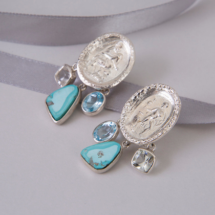 Серьги Антик с бирюзой,топазом и горным хрусталем