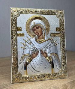 Семистрельная БМ, икона прямоугольная без рамки, белое дерево 175х225