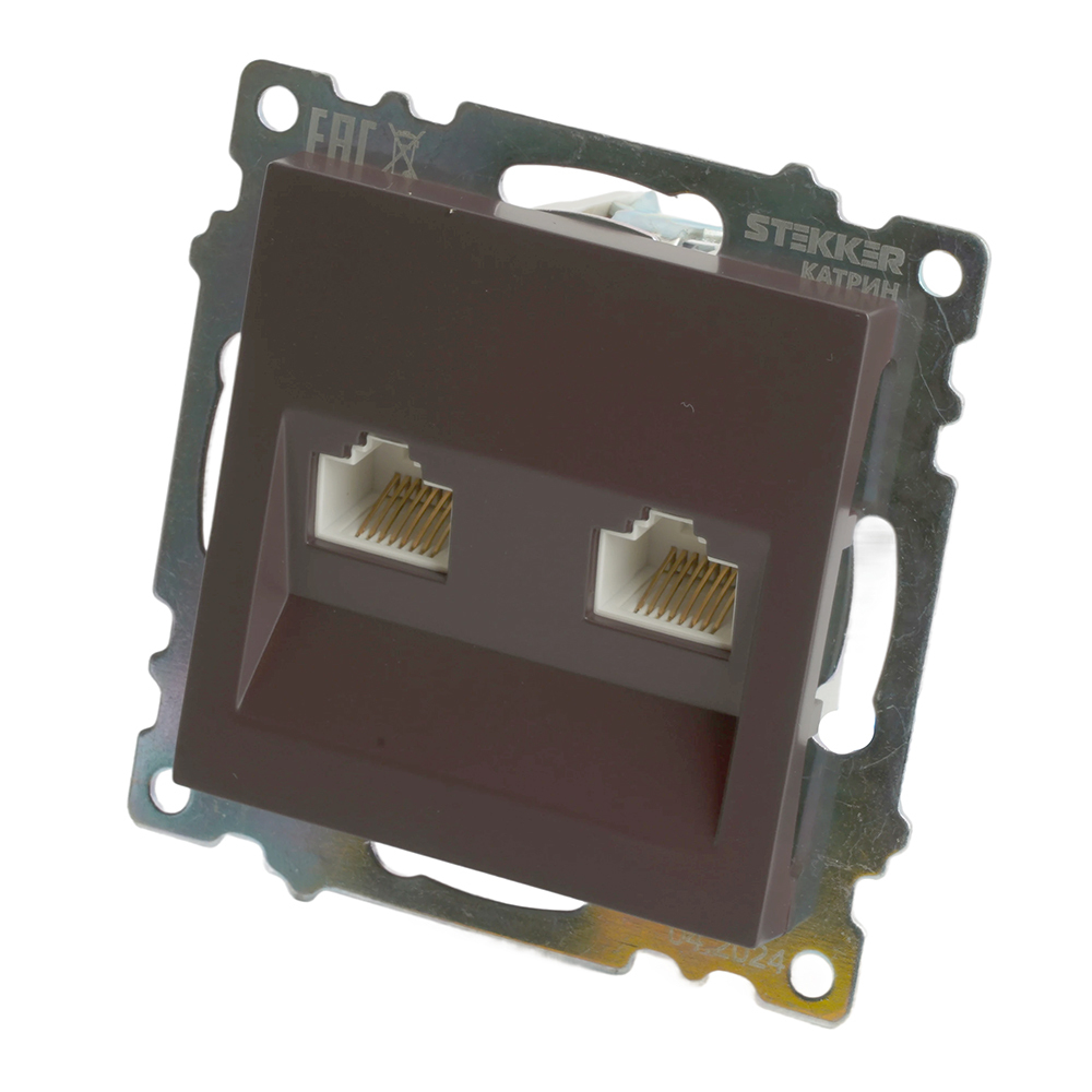 Розетка компьютерная 2-местная RJ-45 (механизм) STEKKER GLS00-7109-04, серия Катрин, шоколад 50006