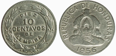 Гондурас 10 сентаво, 1932 - 1956 Герб VF