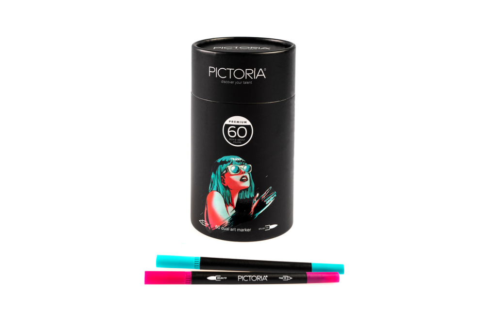 Набор двусторонних маркеров Pictoria кисть и линер, для скетчинга и творчества, 60 цветов