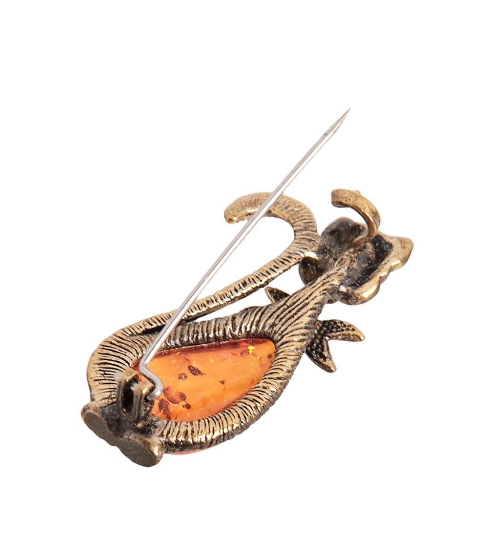 AM- 914 Брошь «Кошечка с бантиком» (латунь, янтарь)