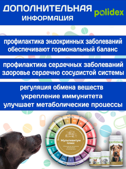 Polidex Multivitum Plus для собак для профилактики нарушений обмена веществ, витаминной и минеральной недостаточности, улучшения внешнего вида у собак Полидекс Мультивитум Плюс, 150таб