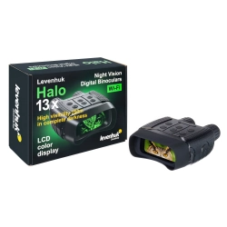 Бинокль цифровой ночного видения Levenhuk Halo 13x рядом с коробкой, вид спереди
